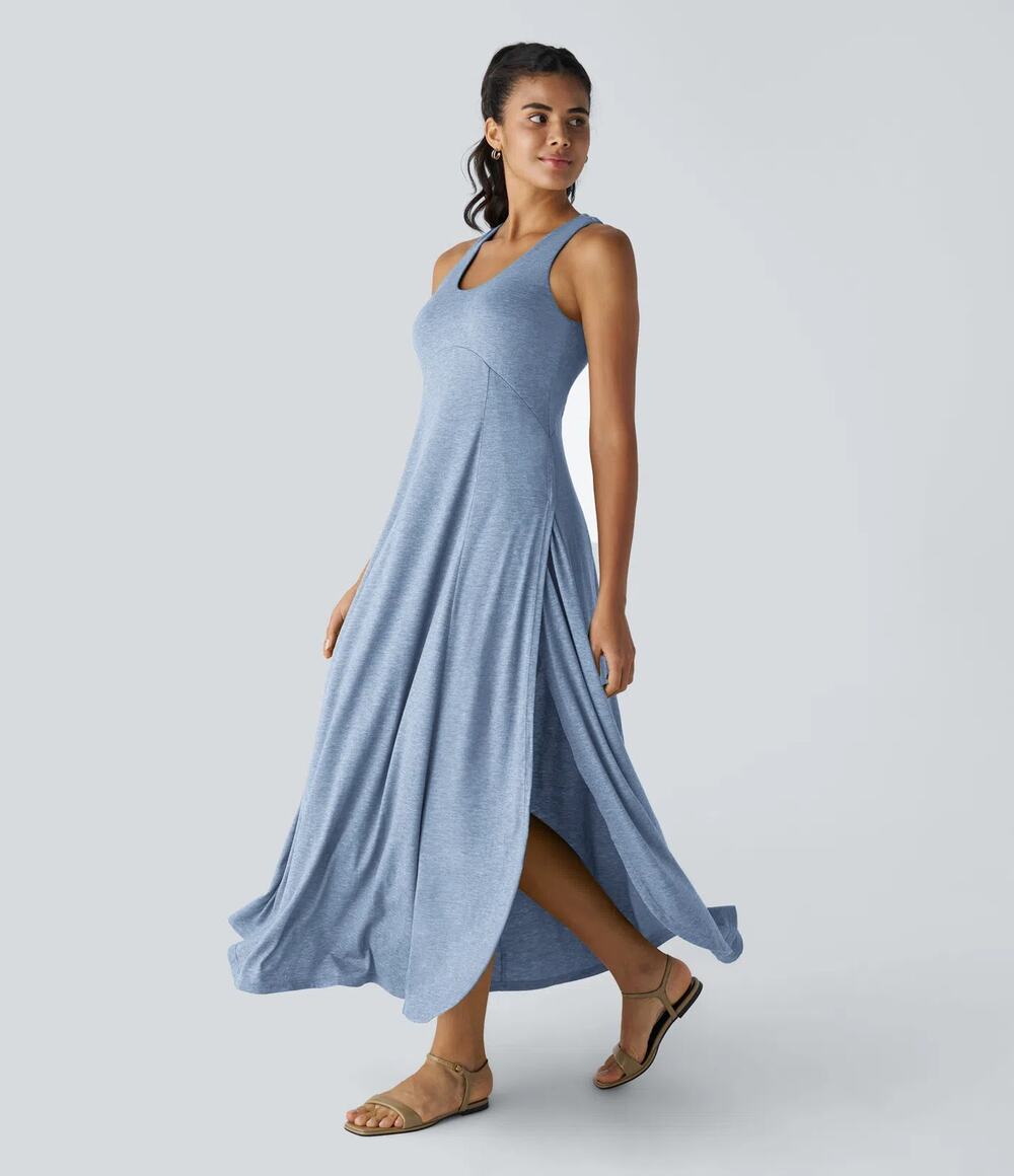 NEW Halara U Neck Flowy Maxi Casual Tank Dress Cloudlight Blue Sleeveless Size M